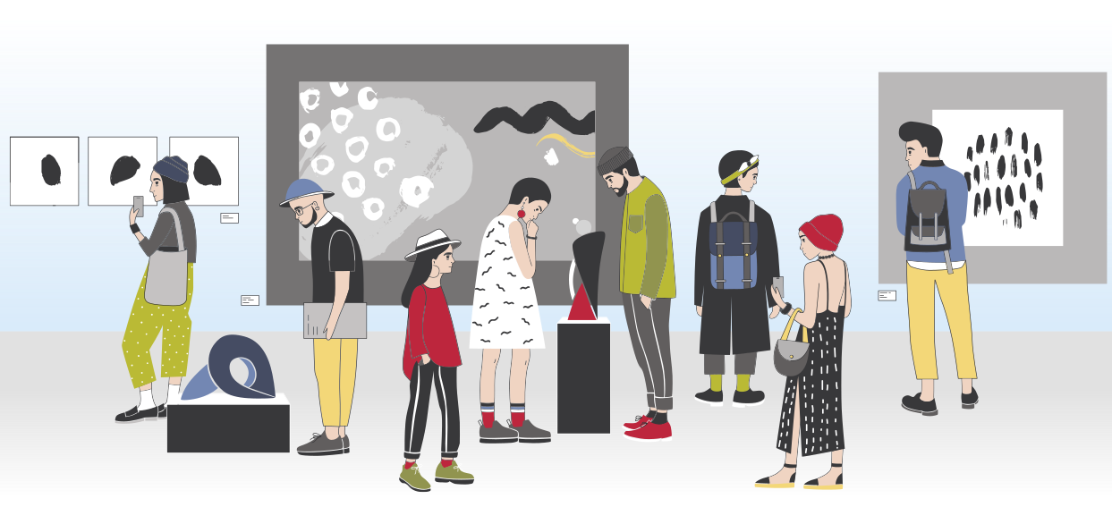 Ilustração de pessoas visitando uma exposição em um museu. Jovens caminham pelo saguão observando os quadros e esculturas expostas.