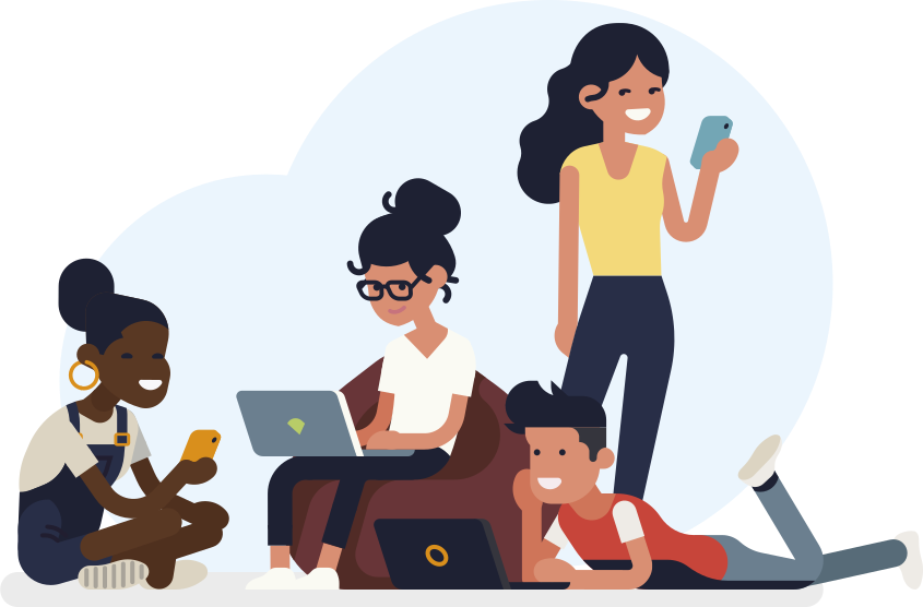 Ilustração de quatro mulheres utilizando aparelhos digitais. Duas usam notebooks, sentadas e deitadas no chão e as outras duas usam seus aparelhos celulares.