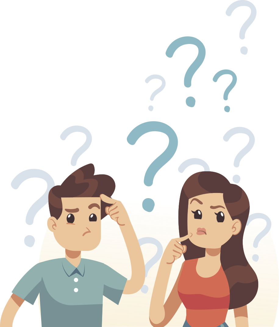 Ilustração de um homem e uma mulher com expressões de dúvidas. Pontos de interrogações saem de suas cabeças.