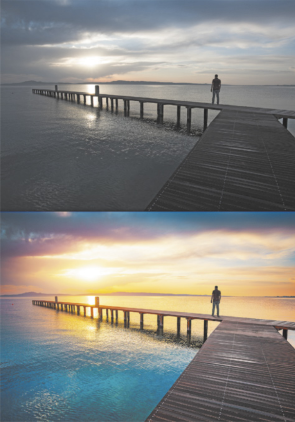 Imagem com duas fotografias, uma em cima da outra. Na fotografia de cima, há um homem em cima de um convés que avança sobre o mar com o sol se pondo ao fundo. A foto tem tons escuros e acinzentados. Na fotografia abaixo, temos a mesma imagem, mas o céu tem tons vibrantes de amarelo e o mar é de um azul intenso.