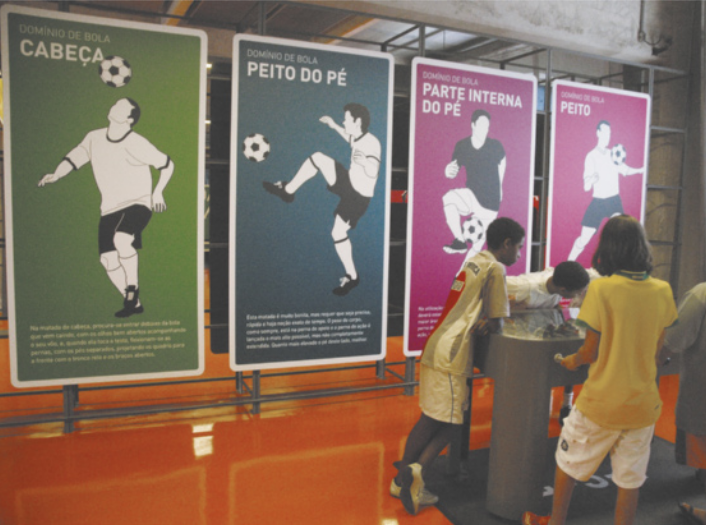 Fotografia de um grupo de crianças observando uma exposição no interior de um museu. Atrás delas, há um painel com quatro pôsteres contendo imagens de uma pessoa mostrando movimentos da prática do futebol.