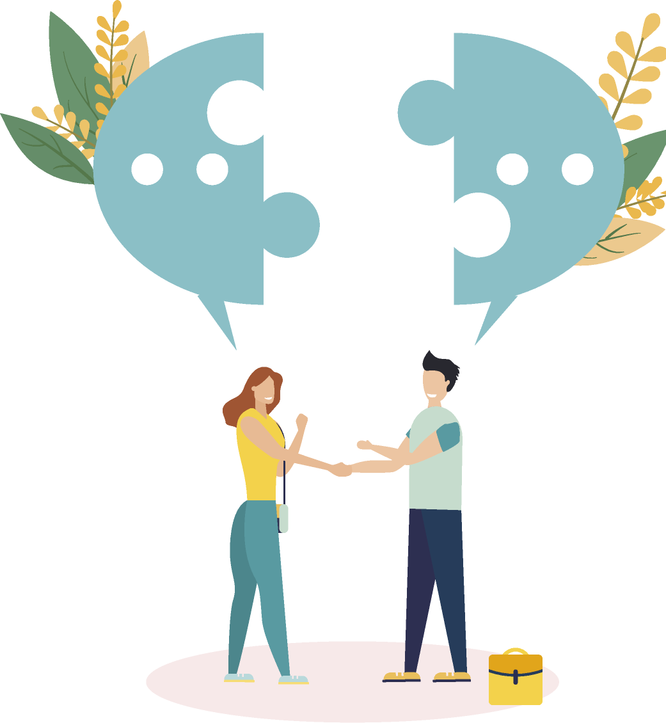 Ilustração de duas pessoas dando as mãos, dialogando de forma harmoniosa.