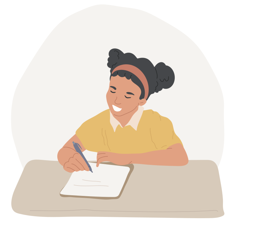 Ilustração de uma menina sentada à frente de uma mesa, sorrindo enquanto escreve em um caderno.