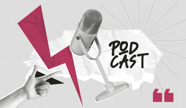 Ilustração com um microfone e um raio, escrito 'Pod cast'.