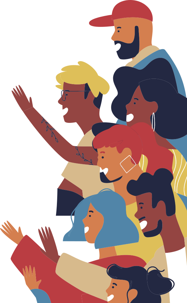 Ilustração representando um grupo de jovens formado por homens e mulheres com cabelos e cores de peles diferentes. Eles estão reunidos, olhando para algo à frente deles, acenando e sorrindo.