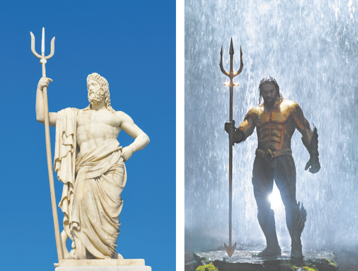 Imagem com duas fotografias uma ao lado da outra. Na fotografia de esquerda, temos a estátua de Netuno. Ele é um homem forte, de cabelos longos e barba, usa uma túnica cobrindo a cintura e as pernas e está em pé, segurando um tridente e olhando para o horizonte. Na foto ao lado, temos o personagem Aquaman, representado por um homem forte, de cabelos longos e escuros, barba e usando uma roupa com escamas douradas. Ele está em pé, segurando um tridente embaixo de chuva.