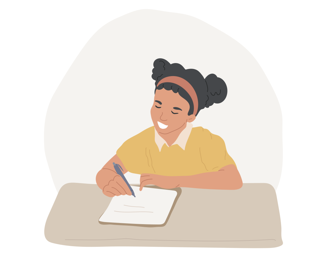 Ilustração de uma menina sentada à frente de uma mesa, sorrindo enquanto escreve em um caderno.