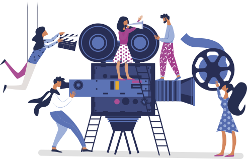 Ilustração com uma câmera de vídeo e pessoas a operando.