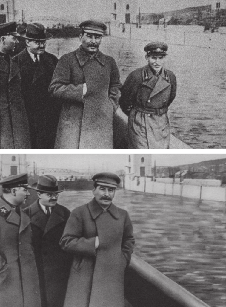 Imagem de duas fotografias em preto e branco, uma acima da outra. Na fotografia de cima, temos quatro homens, um ao lado do outro, posando para a foto em um convés com o mar e embarcações ao lado. Na fotografia debaixo, nota-se quem o homem da direita foi removido da foto.