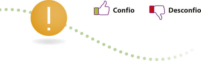 Imagem de um ícone de mão fazendo um sinal positivo, escrito 'confio' e, ao lado, outra mão fazendo um sinal negativo, escrito 'desconfio'.
