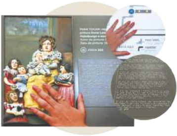 Imagem de uma pessoa tateando um livro aberto com ilustração e texto. Uma imagem aproximada mostra um texto escrito em Braille.