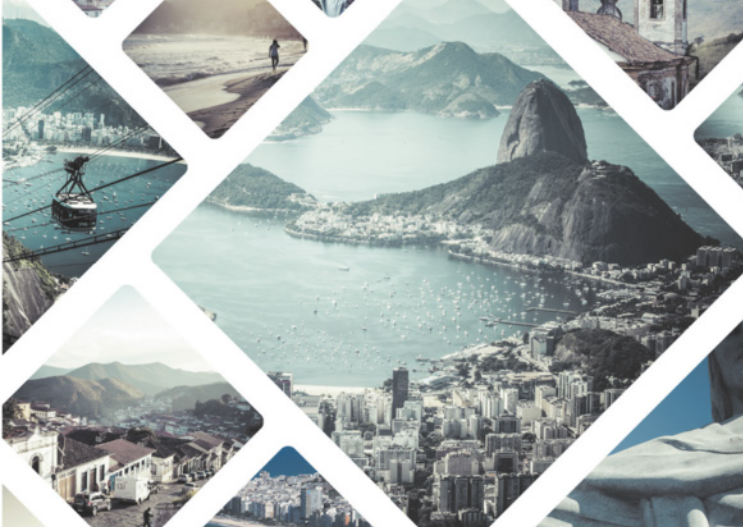 Imagem com fotografias expostas dentro de losangos. Na fotografia do centro, observa-se uma paisagem da cidade do Rio de Janeiro, com a orla da praia, prédios e o pão de açúcar ao fundo. Nos pequenos losangos ao redor, observa-se uma cidade histórica com casarões em ruas de paralelepípedos.