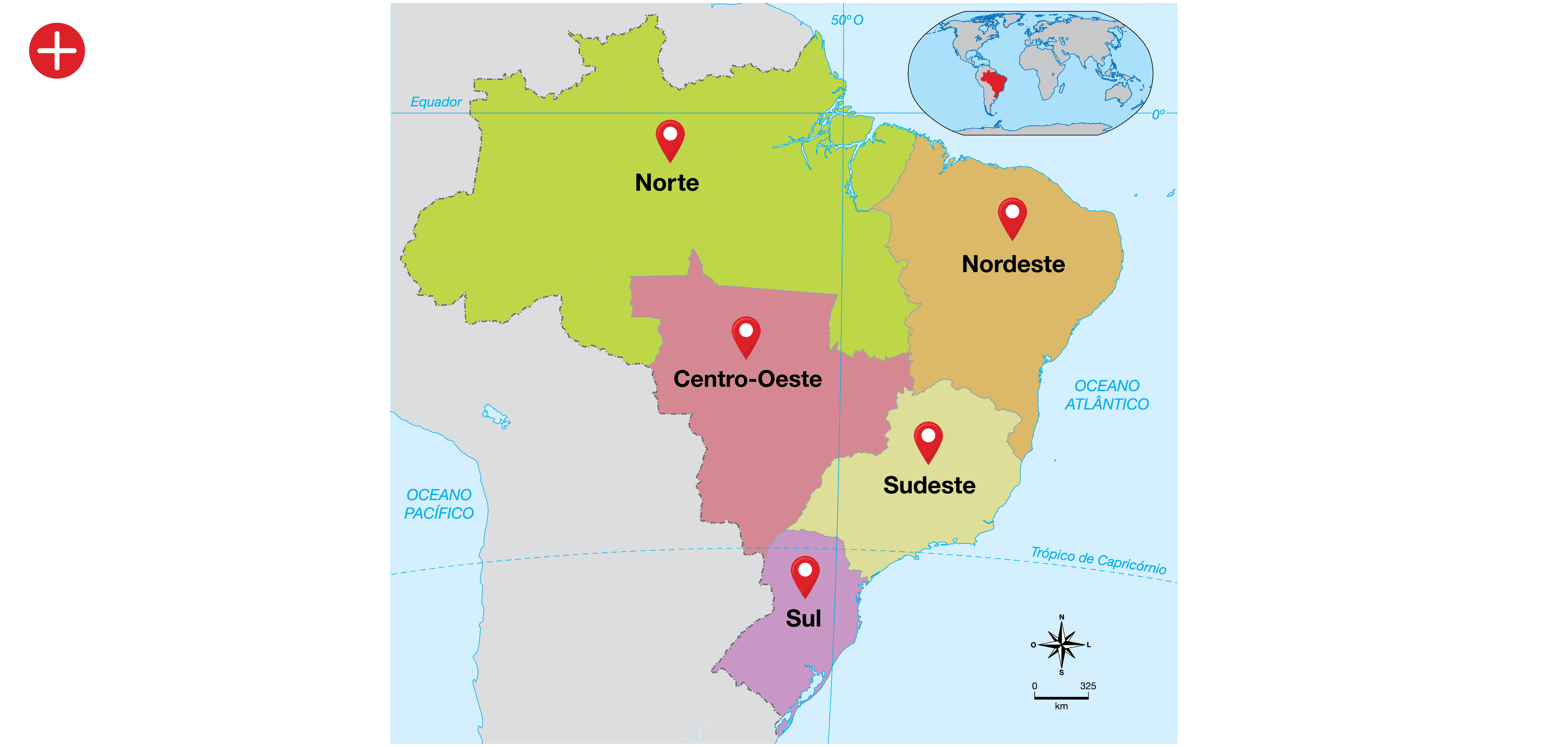Mapa. Pessoas com deficiência no Brasil. O mapa mostra o território brasileiro dividido por regiões: Norte, Nordeste, Centro-Oeste, Sudeste e Sul. Em cada região há um ícone de pin de localização, vermelho. Na parte inferior direita está a rosa dos ventos, com indicações para: Norte, Sul, Leste e Oeste. Abaixo, escala de 0 a 325 quilômetros. Na parte superior direita, um pequeno mapa mundi destaca em vermelho a região descrita.