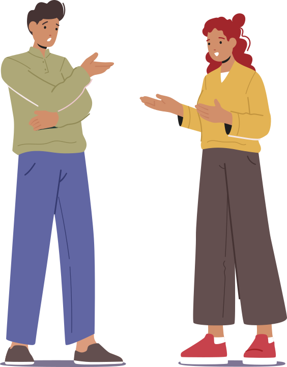 Ilustração de um homem e uma mulher conversando, gesticulando com as mãos.
