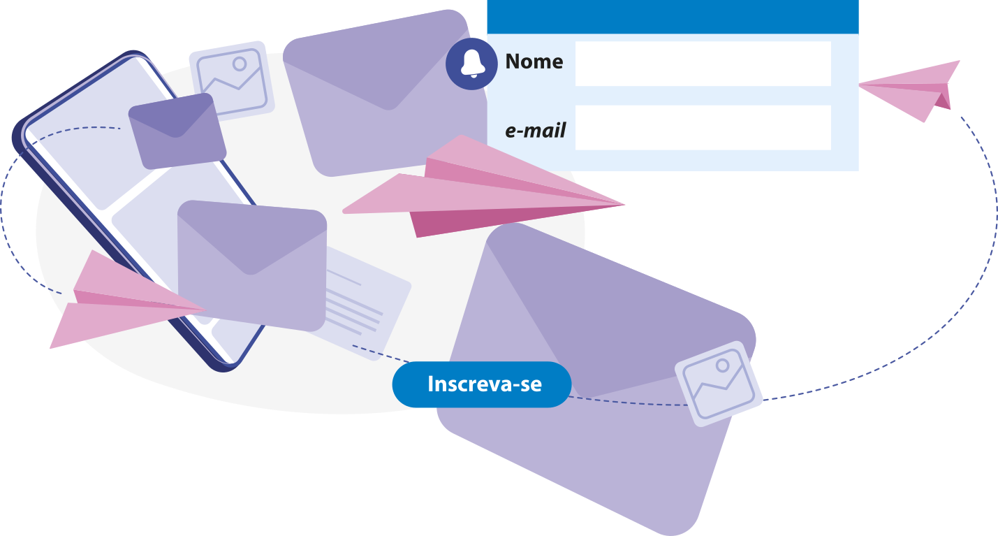 Ilustração que representa o envio e o recebimento de mensagens. Há um celular com ícones de envelopes ao redor, como se estivessem sendo enviados ou recebidos. Também aparece um formulário com campos para preenchimento de nome e e-mail. Um botão com a palavra 'Inscreva-se' está em destaque. Aviõezinhos de papel completam a cena, simbolizando a troca de mensagens digitais.