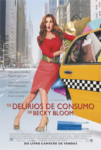 Capa de filme com uma mulher vestida elegantemente, com expressão de espanto, empurrando diversas sacolas de compras para dentro de um táxi.