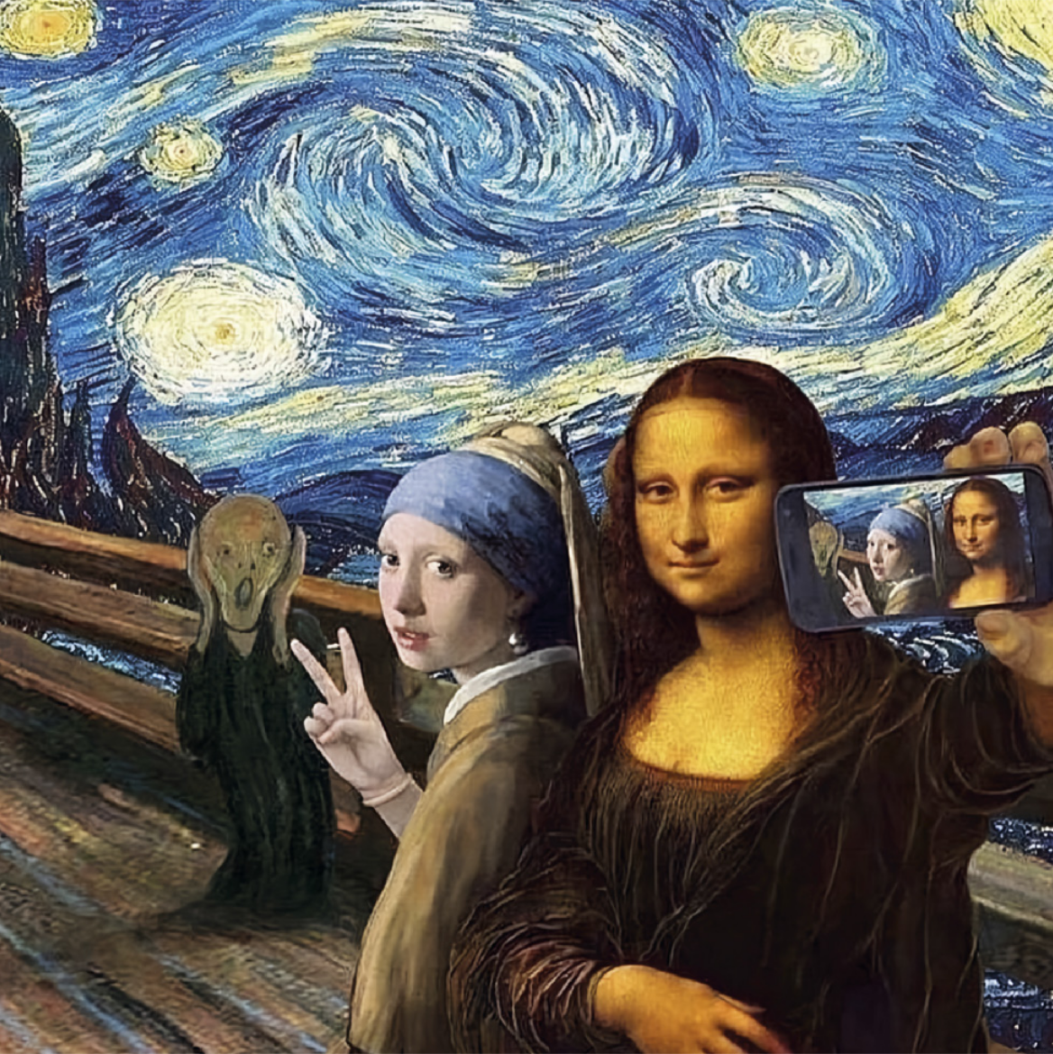 Imagem de um meme com uma montagem que reúne personagens de obras de arte famosas em um cenário igualmente clássico. A figura da Mona Lisa, de Leonardo da Vinci, segura um celular e tira uma selfie ao lado da jovem da pintura 'Moça com Brinco de Pérola', que faz um sinal de paz com a mão. Ao fundo, aparece o personagem da obra 'O Grito', com expressão de desespero, sobre uma ponte, tendo como cenário o céu estrelado e ondulado da pintura 'Noite Estrelada', de Vincent van Gogh.