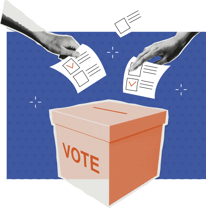 Ilustração com mãos depositando cédulas de votação em uma urna.