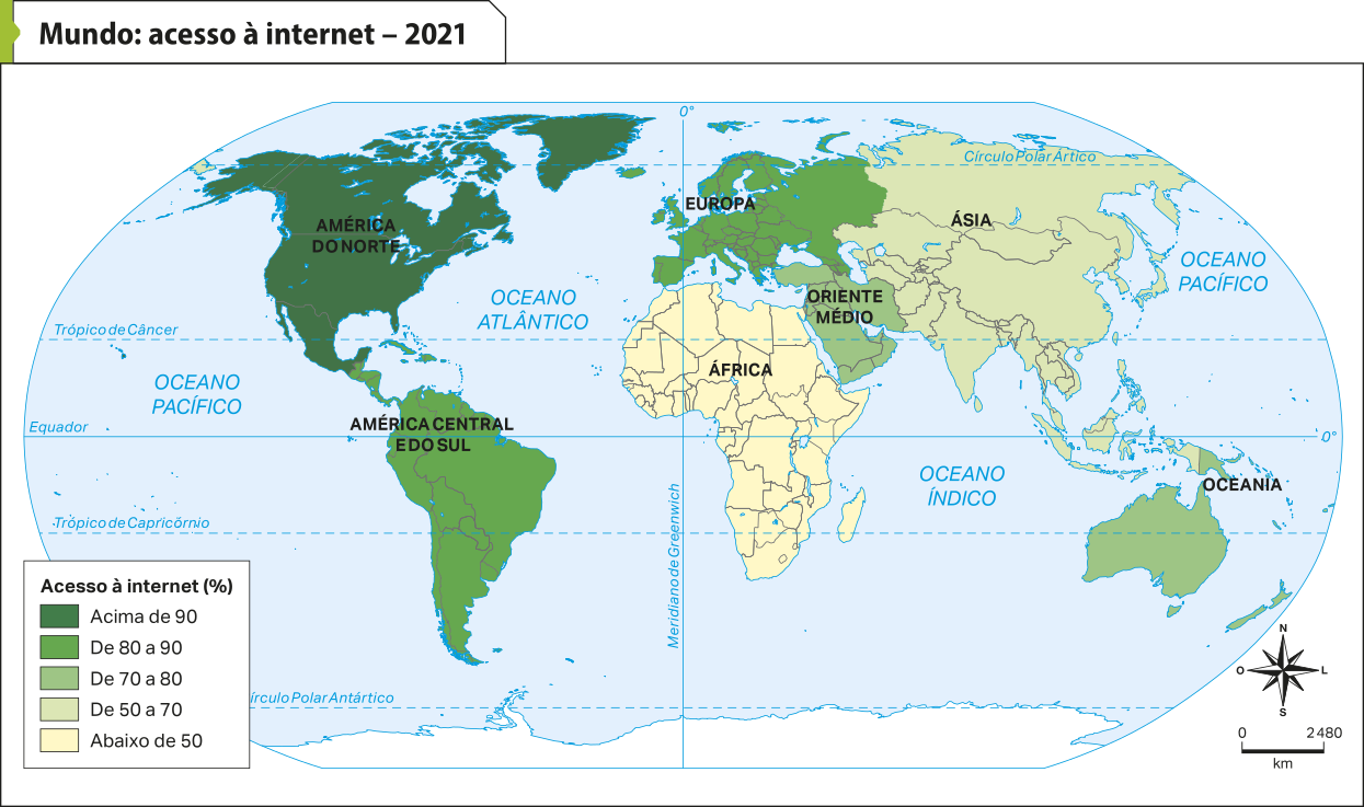 Mapa 'Mundo: acesso à internet - 2021'. Conforme indica a legenda, o acesso à internet no mundo, em porcentagem, é o seguinte: América do Norte: Acima de 80 por cento. Europa: De 80 a 90 por cento. América Central e do Sul: De 80 a 90 por cento. Oriente Médio: De 70 a 80 por cento. Oceania: De 70 a 80 por cento. Ásia: De 50 a 70 por cento. África: Abaixo de 50 por cento.