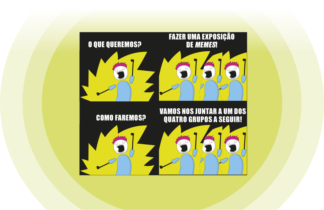 Imagem de uma ilustração em estilo de história em quadrinhos composta por quatro quadros. Em todos eles aparece um personagem com cabelo espetado, boca aberta em expressão de entusiasmo e um dos braços erguidos. No primeiro quadro, o personagem pergunta: 'O que queremos?'. No segundo, ele aparece ao lado de cópias de si mesmo, respondendo: 'Fazer uma exposição de memes!'. No terceiro quadro, o personagem pergunta: 'Como faremos?'. No quarto, as cópias respondem: 'Vamos nos juntar a um dos quatro grupos a seguir!'.