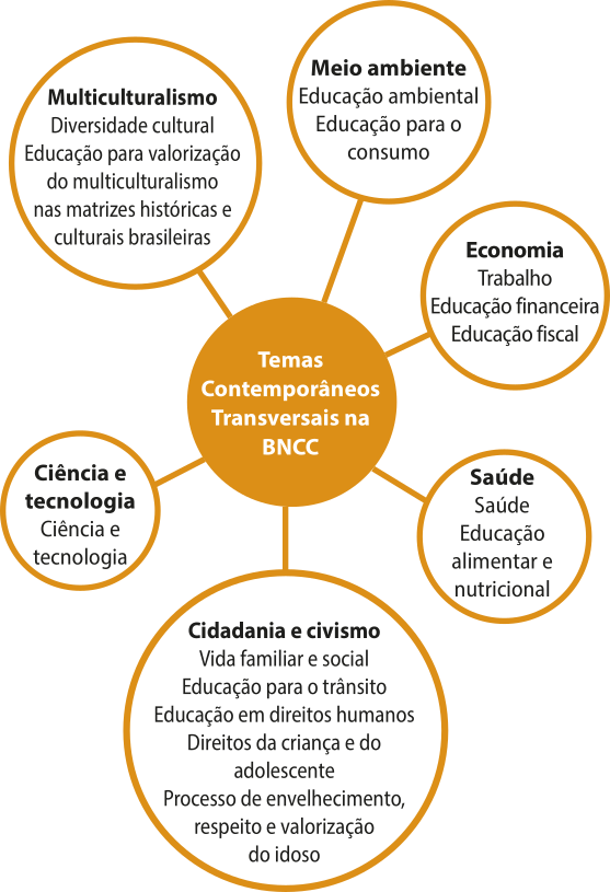 Fluxograma com uma caixa central e setas apontando para outras seis caixas. A caixa central contém o texto: 'Temas Contemporâneos Transversais na BNCC'. As demais caixas contêm os seguintes temas: 'Meio ambiente. Educação ambiental; Educação para o consumo'. 'Economia. Trabalho; Educação financeira; Educação fiscal'. 'Saúde. Educação alimentar e nutricional'. 'Cidadania e civismo. Vida familiar e social; Educação para o trânsito; Educação em Direitos Humanos; Direitos da Criança e do Adolescente; Processo de envelhecimento, respeito e valorização do idoso'. 'Ciência e tecnologia'. 'Multiculturalismo. Diversidade cultural; Educação para valorização do multiculturalismo nas matrizes históricas e culturais brasileiras'.