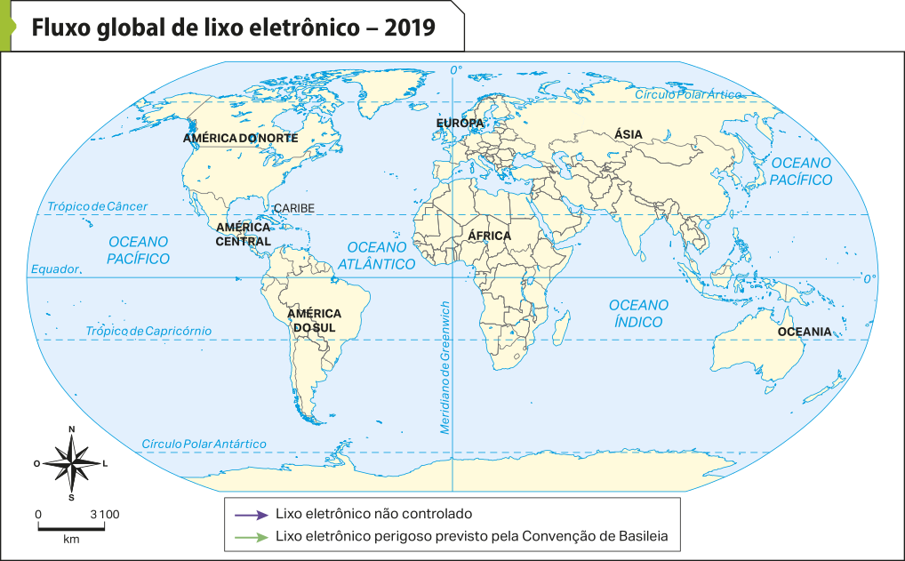 Mapa 'Fluxo global de lixo eletrônico - 2019'. Estão representados a divisão política dos países no mapa-múndi. A legenda indica: seta lilás: lixo eletrônico não controlado. Seta verde: lixo eletrônico perigoso previsto pela Convenção de Basileia. A escala cartográfica indica que 1 centímetro equivale a 3.100 quilômetros.