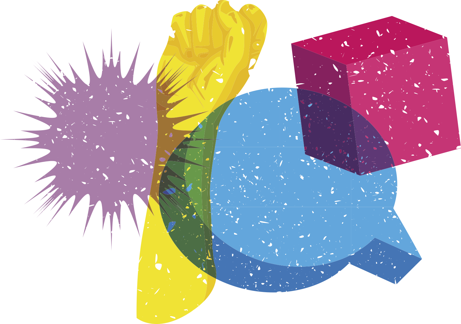 Ilustração de um punho cerrado erguido para o alto, rodeado por balões de fala e um cubo.