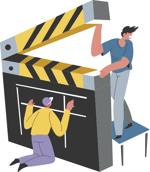 Ilustração de duas pessoas interagindo com uma claquete de cinema em tamanho ampliado. Uma delas está ajoelhada em frente à parte inferior da claquete, como se fosse escrever nela, enquanto a outra está em pé sobre um pequeno banco, erguendo a parte superior da claquete, simulando o movimento de início de uma gravação.