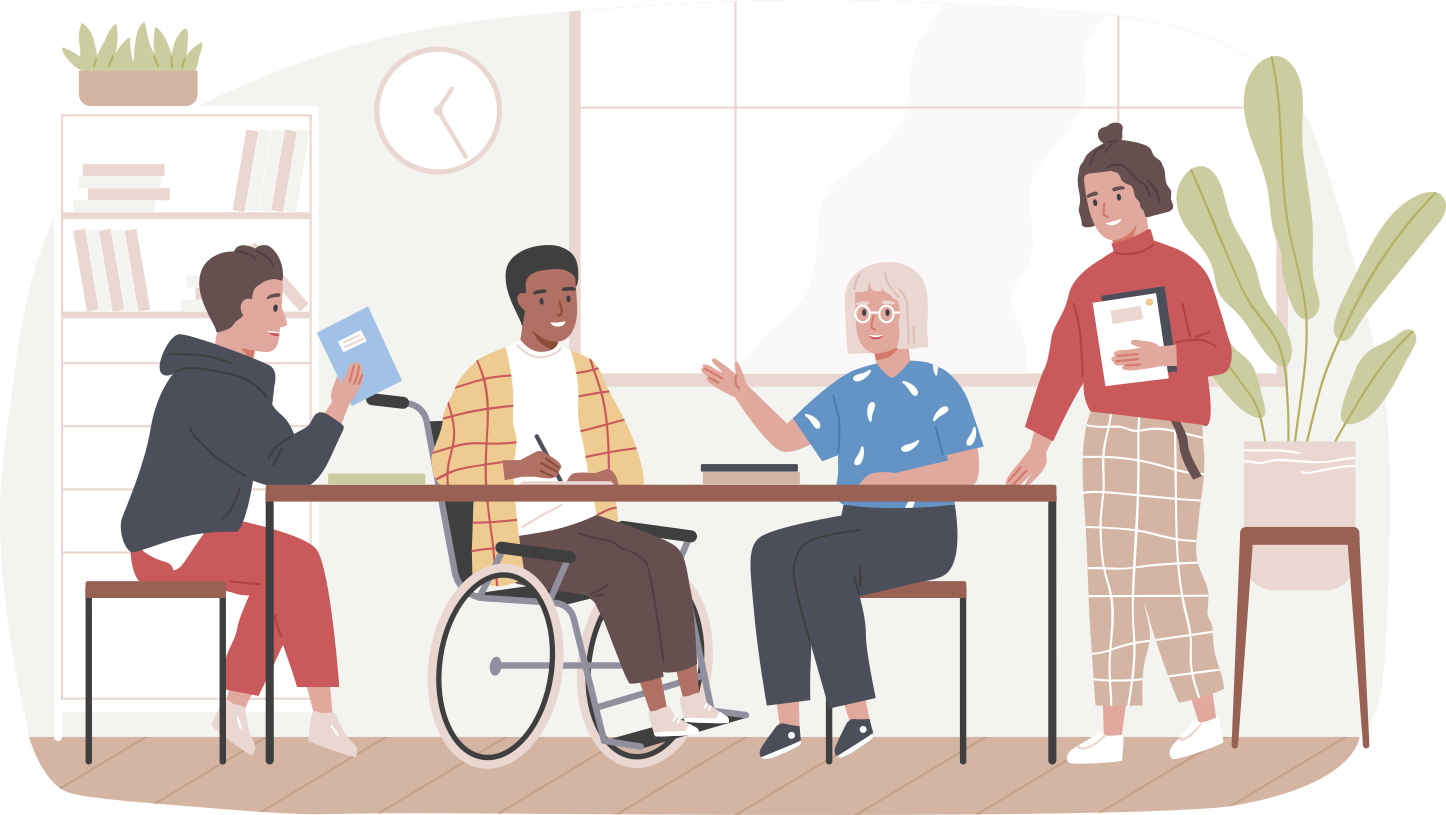 Ilustração de quatro pessoas interagindo em um ambiente de estudo. Três delas estão sentadas ao redor de uma mesa com livros abertos, enquanto uma quarta pessoa, em pé, também segura um livro.