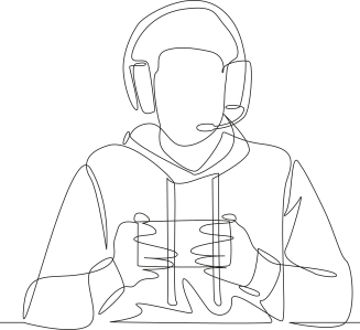 Ilustração de uma pessoa usando fones de ouvido com microfone embutido, enquanto joga no smartphone.