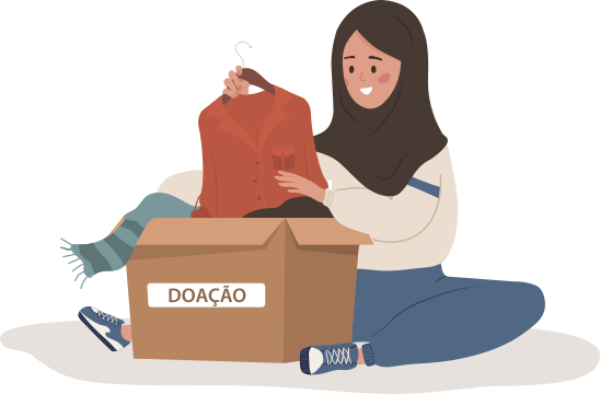 Ilustração de uma garota usando véu islâmico sobre a cabeça, sentada no chão com uma caixa de papelão entre as pernas, identificada com a palavra 'Doação'. Ela retira da caixa uma blusa que está pendurada em um cabide.