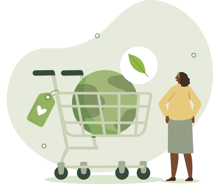 Ilustração de uma mulher em pé observando um carrinho de compras que contém uma representação do planeta Terra em seu interior. O carrinho possui uma etiqueta com o símbolo de um coração. Acima do carrinho, há um ícone circular com uma folha.