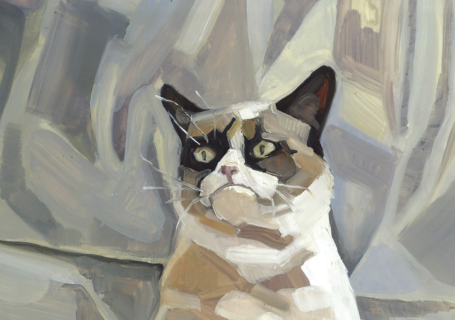 Pintura de um gato com expressão séria, olhando para o horizonte.
