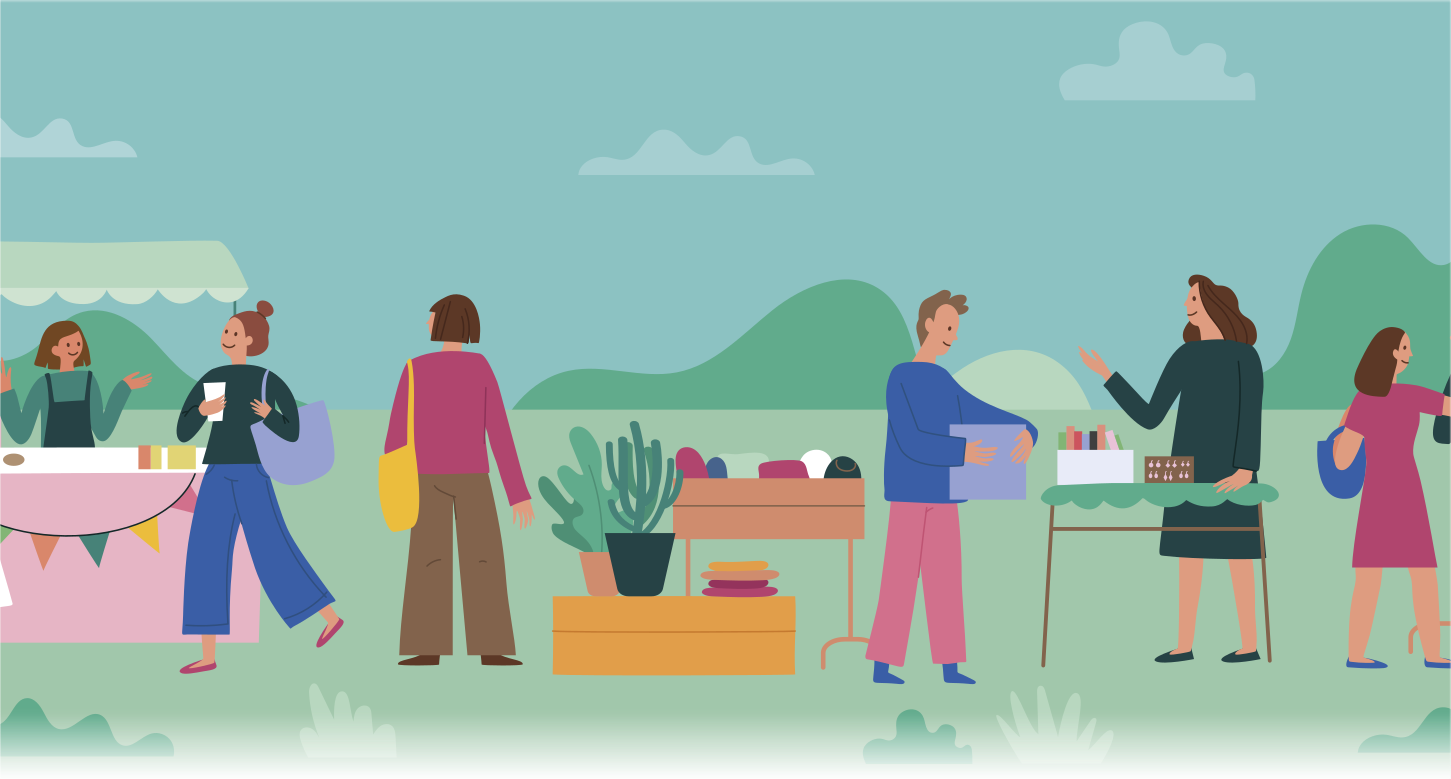Ilustração de uma feira ao ar livre, com barracas que vendem diferentes produtos, como roupas, livros e alimentos.