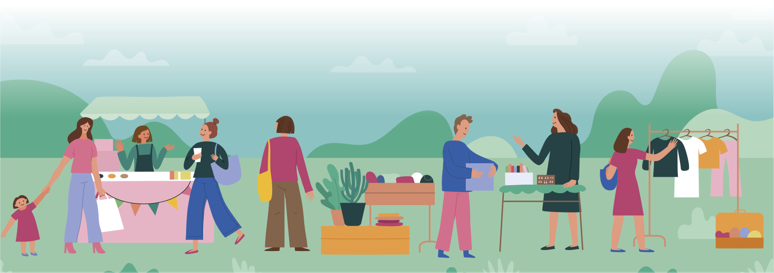 Ilustração de uma feira ao ar livre, com barracas que vendem diferentes produtos, como roupas, livros e alimentos.