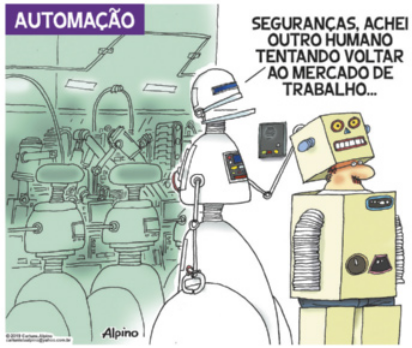 Charge 'Automação'. A imagem mostra um robô retirando a cabeça de outro robô, revelando um rosto humano escondido em seu interior. O primeiro robô diz: 'Seguranças, achei outro humano tentando voltar ao mercado de trabalho...'. Ao fundo, observa-se uma linha de produção composta exclusivamente por robôs.