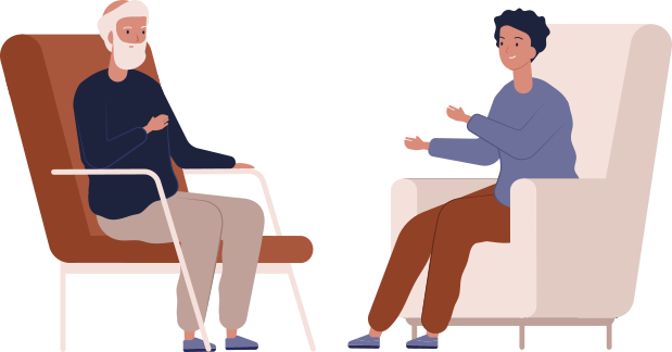 Ilustração de um homem idoso e uma mulher sentados em poltronas, enquanto conversam.