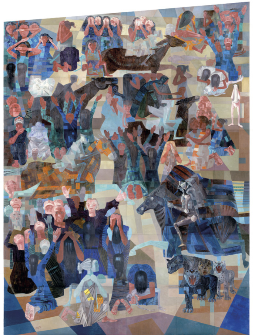 Pintura com diversas figuras humanas em diferentes posições que expressam sofrimento, dor e desespero. Algumas pessoas aparecem com as mãos na cabeça, cobrindo o rosto ou ajoelhadas, demonstrando angústia. A obra também inclui representações de cavalos e outros animais, além de figuras montadas que evocam cenas de conflito ou guerra.