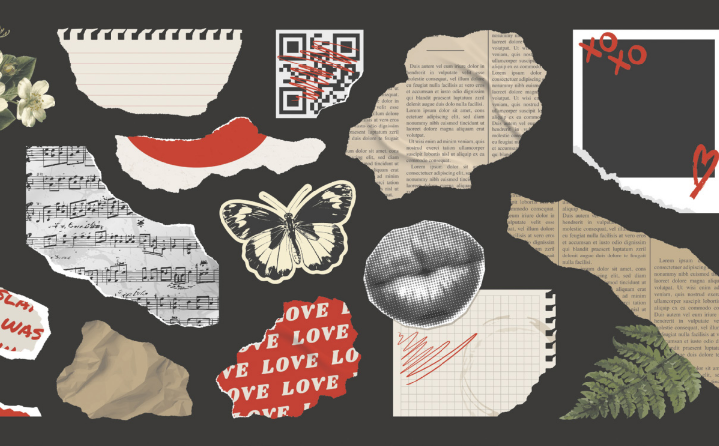 Imagem de uma colagem artística composta por recortes variados de papel, incluindo trechos de texto impresso, pautas musicais, folhas quadriculadas e páginas de cadernos rasgadas. Também estão presentes elementos gráficos como um código QR, uma borboleta, um par de lábios, um quadrado que simula uma foto polaroide, e ilustrações de folhas e flores. Os elementos estão distribuídos de forma espalhada e sobrepostos.