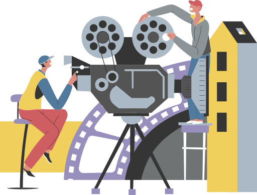 Ilustração de duas pessoas interagindo com uma grande câmera de cinema antiga montada sobre um tripé. Uma delas está sentada em uma banqueta, posicionada à frente da câmera, operando-a com as mãos. A outra pessoa está em pé sobre uma escada, ajustando o rolo de filme na parte superior do equipamento.