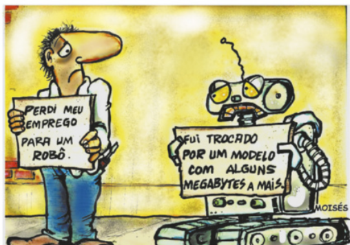 Charge com a imagem de um homem e um robô, ambos com expressões de tristeza, parados na calçada e segurando cartazes de pedintes. No cartaz do homem está escrito: 'Perdi meu emprego para um robô'. No cartaz do robô lê-se: 'Fui trocado por um modelo com alguns megabytes a mais'.
