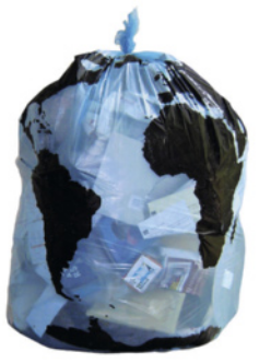 Imagem de um saco de lixo cheio, estampado com a imagem do mapa-múndi.