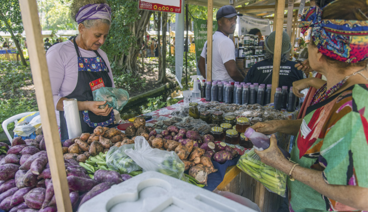Fotografia de uma mulher escolhendo legumes em uma barraca de feira ao ar livre.