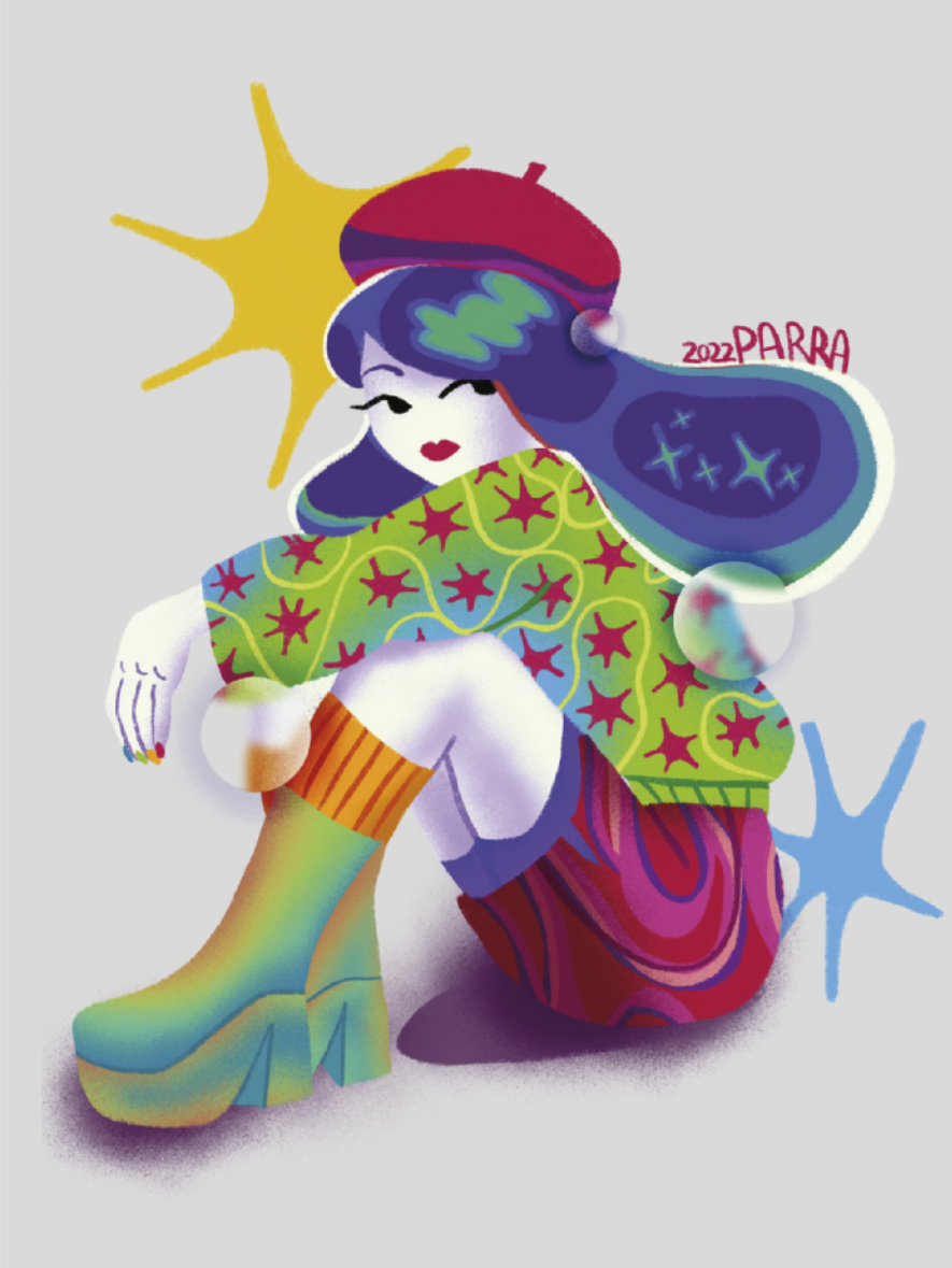 Ilustração que apresenta uma menina. Ela está sentada de lado, usa bota, blusa estampada e uma boina.
