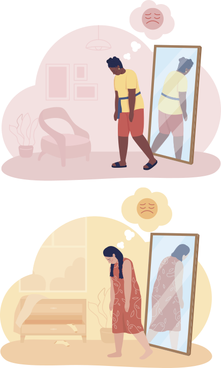 Imagem de um homem e uma mulher. Eles estão decepcionados com a própria imagem, que observam em um espelho.