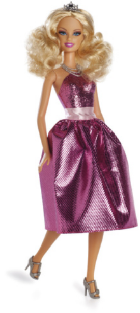 Imagem de uma Barbie. A boneca é muito magra, loira, usa vestido e salto alto.