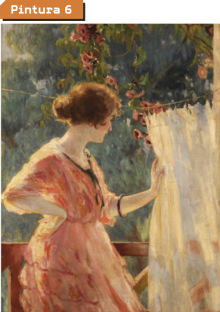 Pintura 6. Imagem de mulher em uma varanda, abrindo uma cortina. Ela usa vestido e tem cabelos presos. Ao fundo, há plantas e flores.