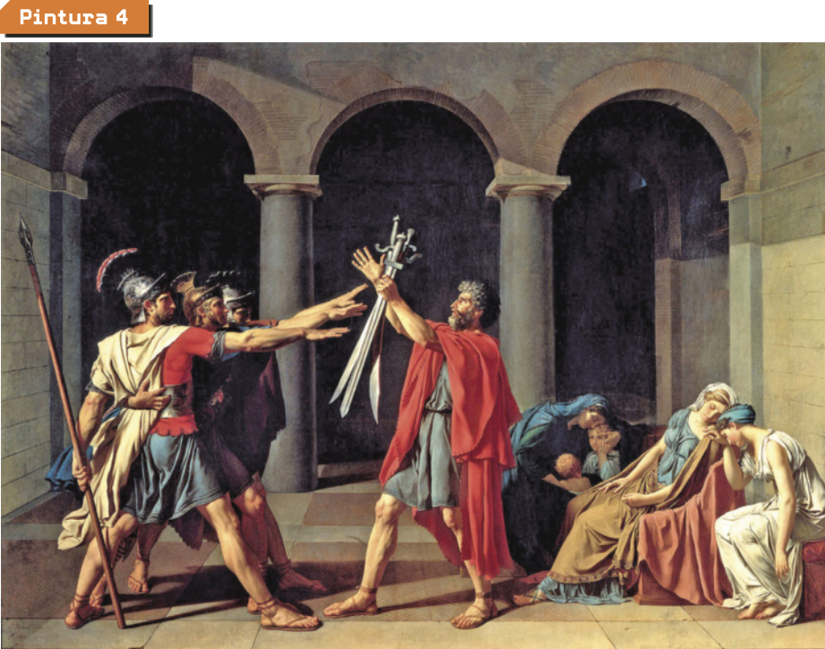 Pintura 4. Imagem de três homens com o braço direito levantado. Eles fazem um juramento diante de três espadas, sustentadas no alto por outro homem.