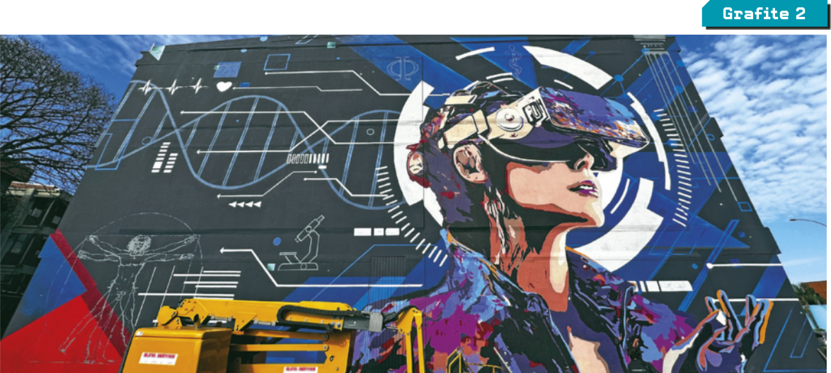 Grafite dois. Apresenta-se uma mulher usando um óculos que simula realidade virtual. Ela está rodeada de dados e gráficos.