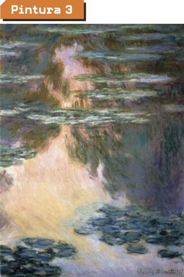Pintura 3. Imagem de folhas que flutuam sobre as águas de um rio.